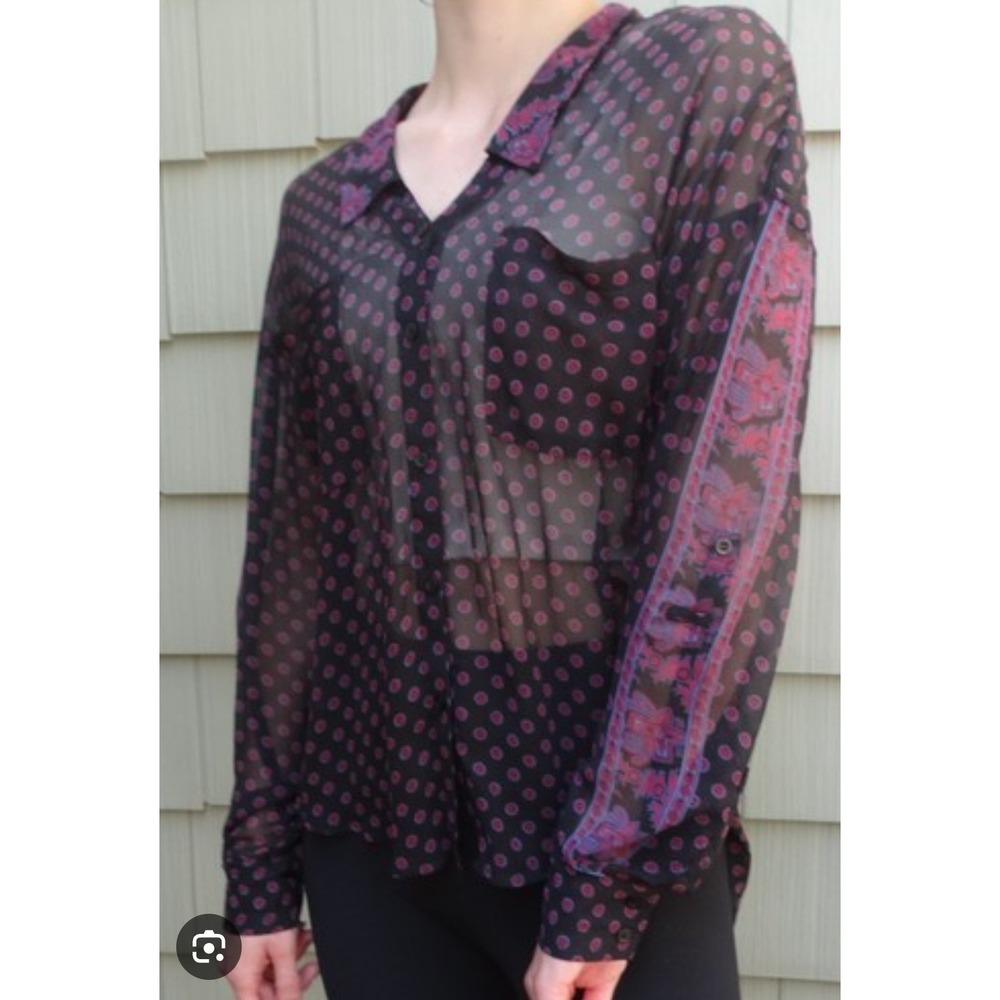 FREE PEOPLE Womens L Large Easy Rider Button Down High Low Sheer Top Blouse